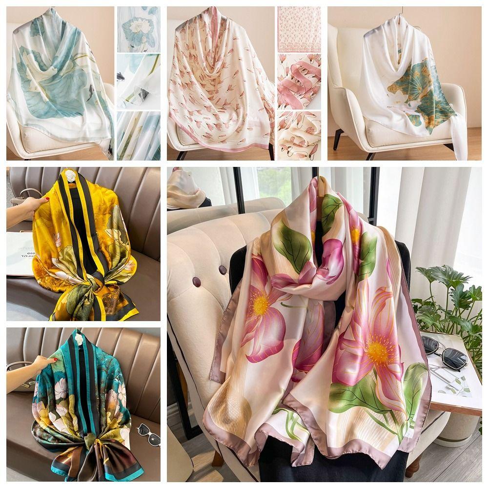 Lotus Pattern Chiffon Shawl Wrap Korean Women Hijab Shawls Fashion Luxury Silk Scarf  Beach