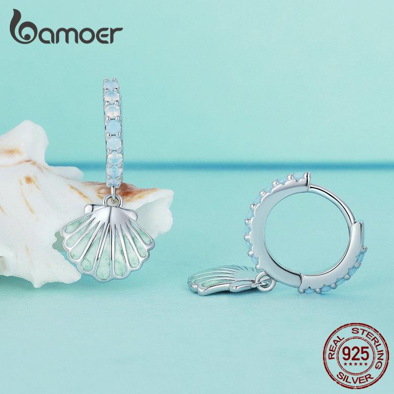 Bamoer 925 sterlingsølv emaljeprosess Sea Shell Ørespenner Bøyle øredobber for kvinner Ocean Series smykker
