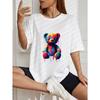 White Oversized T Shirt With Colorful Dripping Paint Bear Print For Casual Wear