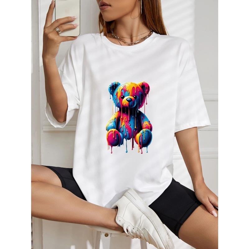 White Oversized T Shirt With Colorful Dripping Paint Bear Print For Casual Wear