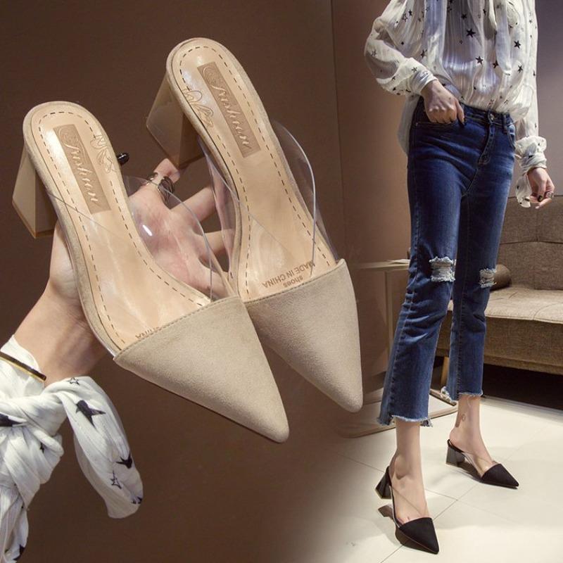 Pointed-toe Thick-heeled High Heels Women's Flip-flops and Lazy Shoes