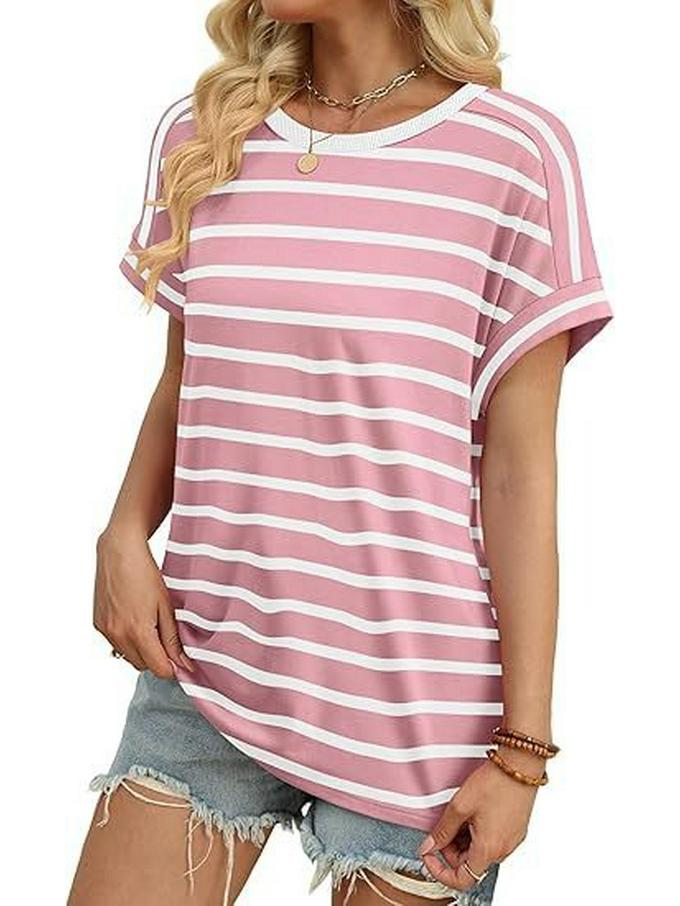 New Arrival Women's Round Neck Striped Color Block Casual Short Sleeve T-shirt