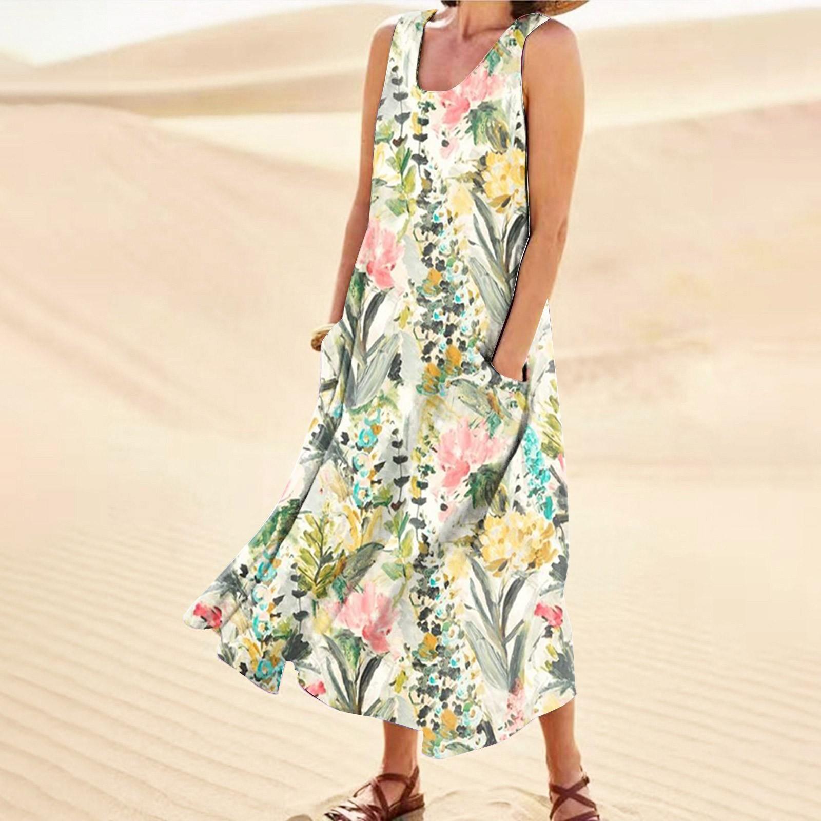 

Женское летнее повседневное модное платье без рукавов с круглым вырезом и карманом с цветочным принтом M зелёный