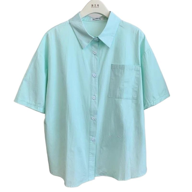 Women's Solid Color Short Sleeved Shirts Summer Pocket Decoration Versatile Tops Korean Sweet Simple Ladies Blouse