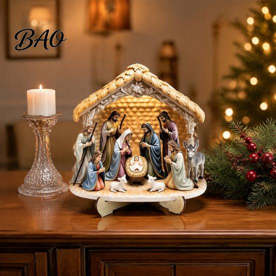 Christmas Manger Tabletop Ornaments Nativity Scene Wooden Sign, Holy Family Figurine Decor, Handcrafted Wood Figurines Religious Xmas Desktop