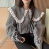 Lace Patchwork Plaid Shirt for Women's Spring Loose Contrasting Lapel Top