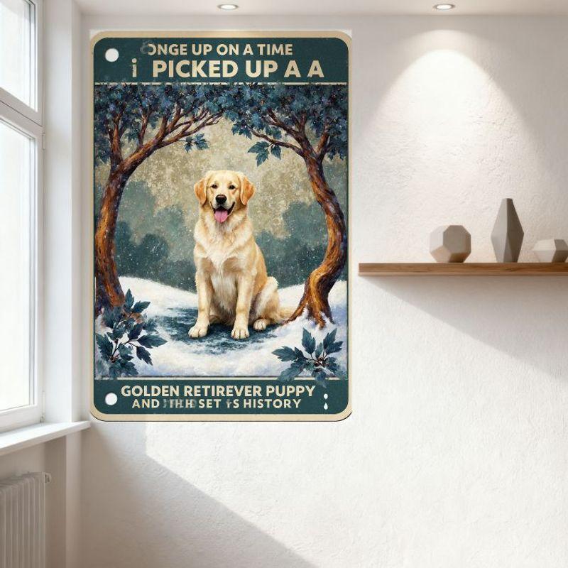 Vintage Metal Sign Once Upon A Time Golden Retriever Puppy In Snowy Winter Forest Scene Home Wall Decor with Hanging Holes, Play