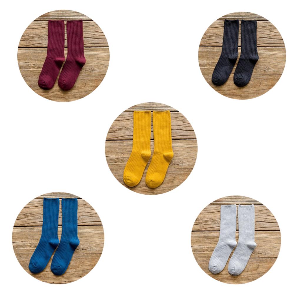 5 Pairs Solid Ribbed Crew Socks Women Mixed Color 4 Seasons Fit Loose Socks Set Daily Basic Sox