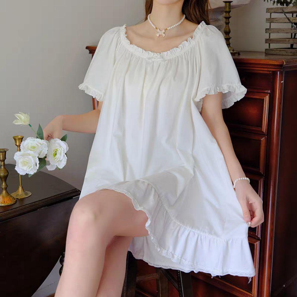 Loose Ruffle Nightdress Short Sleeve Princess Nightgown Sweet Women's Pajama Dress  Girls