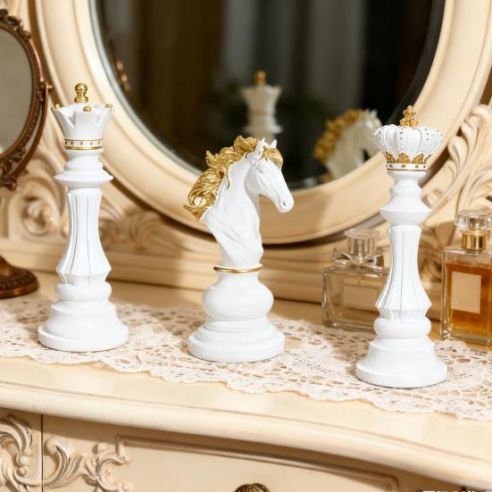 Chess Piece Statue Collectible Black White Horse Sculpture King Queen Knight Chess Piece Figurine for Home Office Desk Shelf Decoration