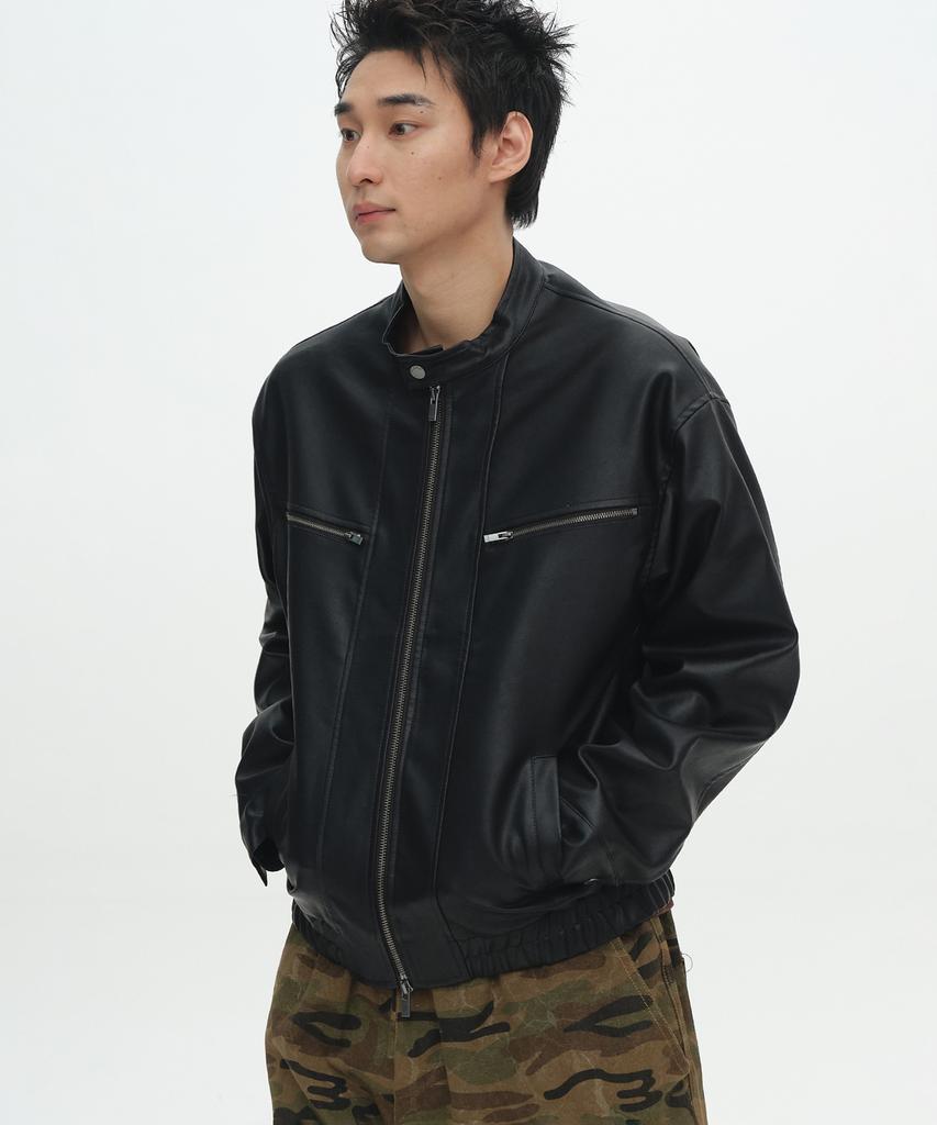 Placestudioman Vintage Oversized Neck Button Two-Way Leather Racing Biker Jacket_2 Colors