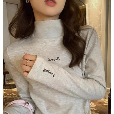 Floral Gray Long-sleeved T-shirt for Women Winter New Half-high Collar Printed Top German Velvet Plus Velvet Thickened Inner Bottoming Shirt