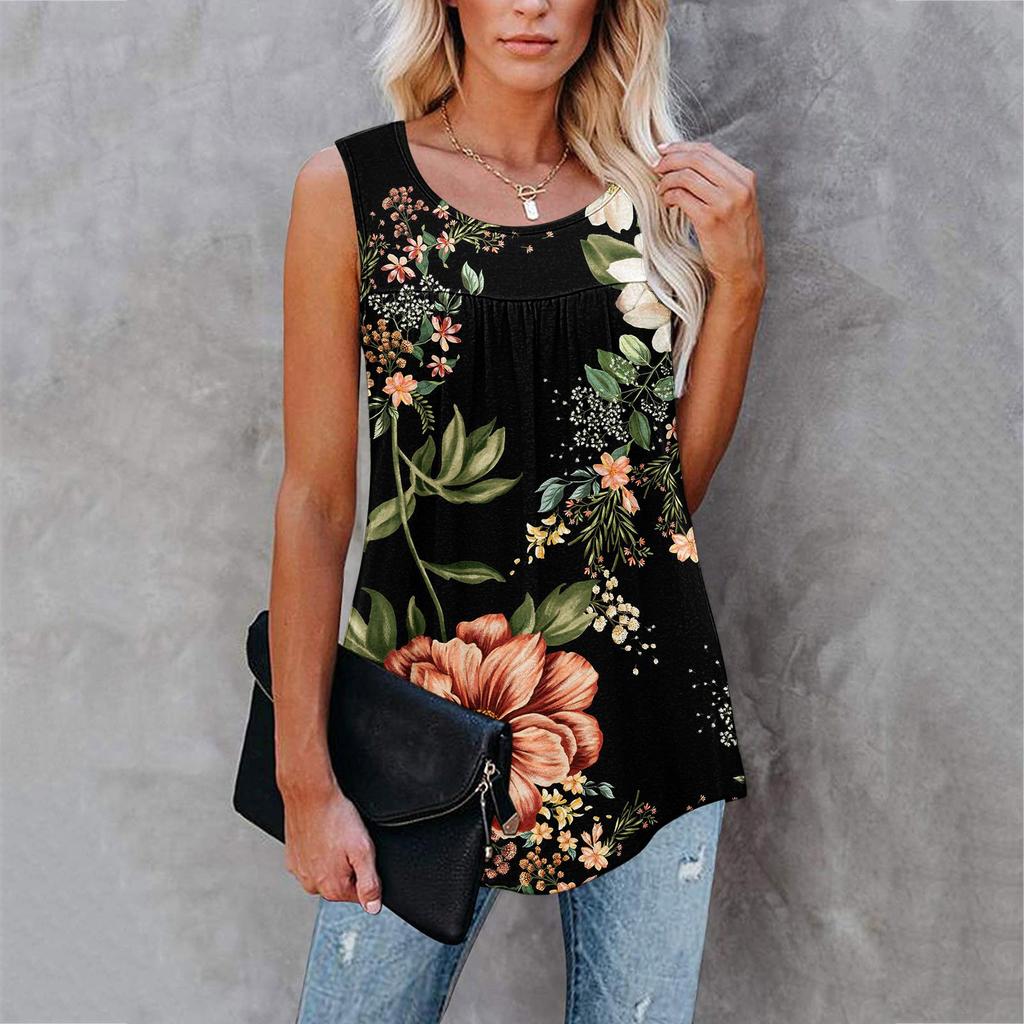 Ladies Casual Plus Size Loose Tank Top Flower Print Sleeveless Pleated T-Shirt