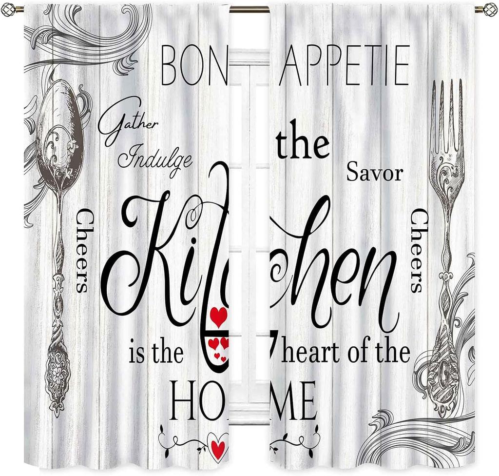 Retro Tableware Kitchen Text Curtain Panels,Distressed Wood Fork Spoon Sweet Home Slogan Full Print Drapes For Bakery Cafe Decor