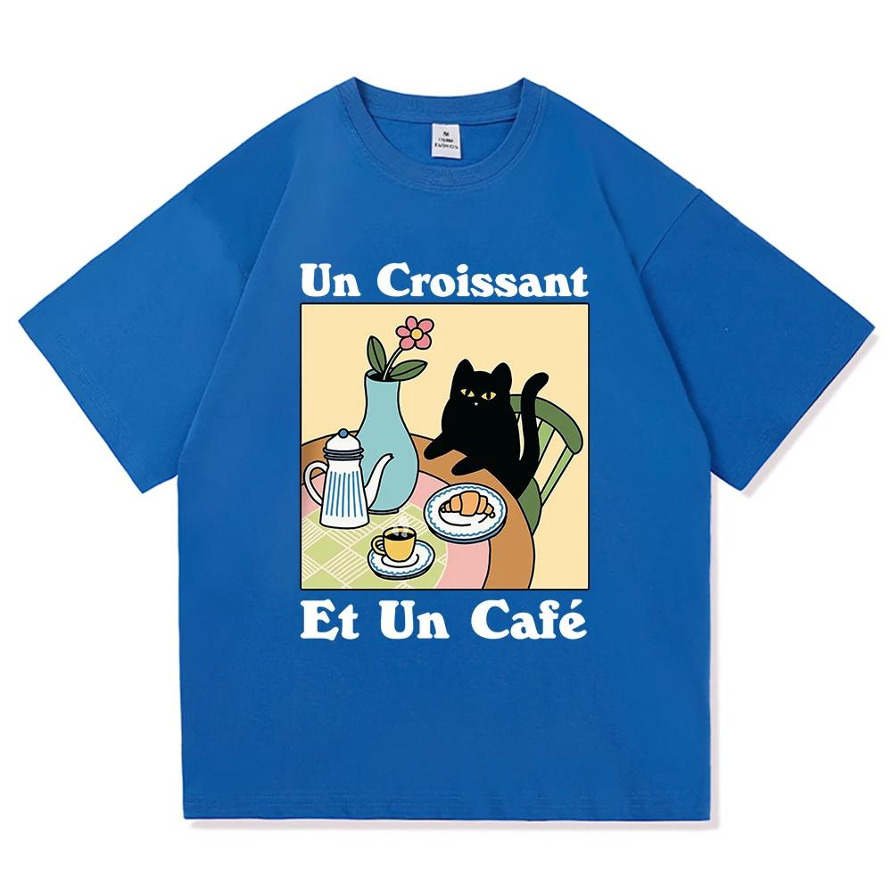 French Cafe Cat T Shirt Fashion Women Summer Funny Letter Un Croissant Et Un Cafe Tshirt High Quality Cotton Tees Shirts