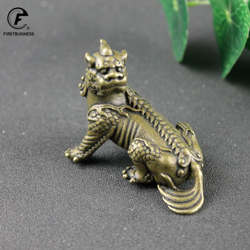 Antique Bronze Chinese Myth Beast Qi Lin Statue Miniature Figurines Desktop Ornaments Home Car Decorations Copper Crafts Gifts
