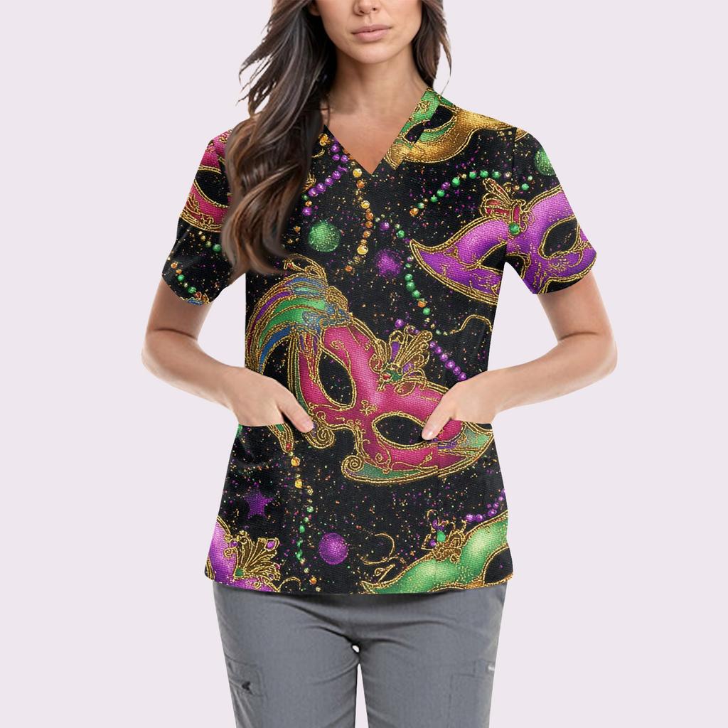 Women's Cute Printed Work Clothes V-neck Double Layer Pockets Basic Short Sleeve Top Pullover Valentines