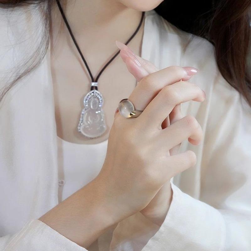 Natural Ice Chalcedony Rings For Women Genre Style Glossy Translucent Light Luxury Round Bead Ring Minimalist  Jewelry