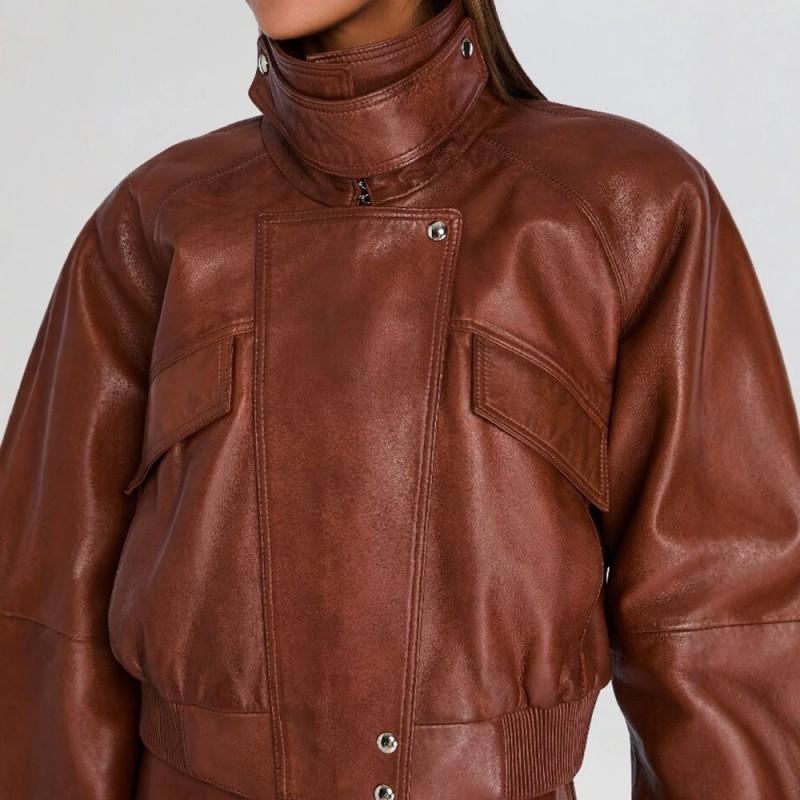 Womens Vintage Leather Jacket Cool Street Style Biker Coat Short Solid Color