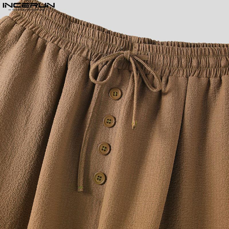 INCERUN Men Drawstring Elastic Waist Solid Texture Casual Long Straight Pants
