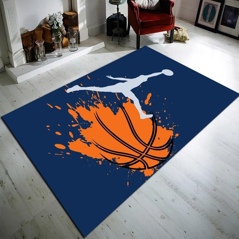 Basketball Player Silhouette Area Rug Gray with Black Trim for Game Room Non-Slip Kids Floor Mat Sports Themed Bedroom Decor 50x80cm