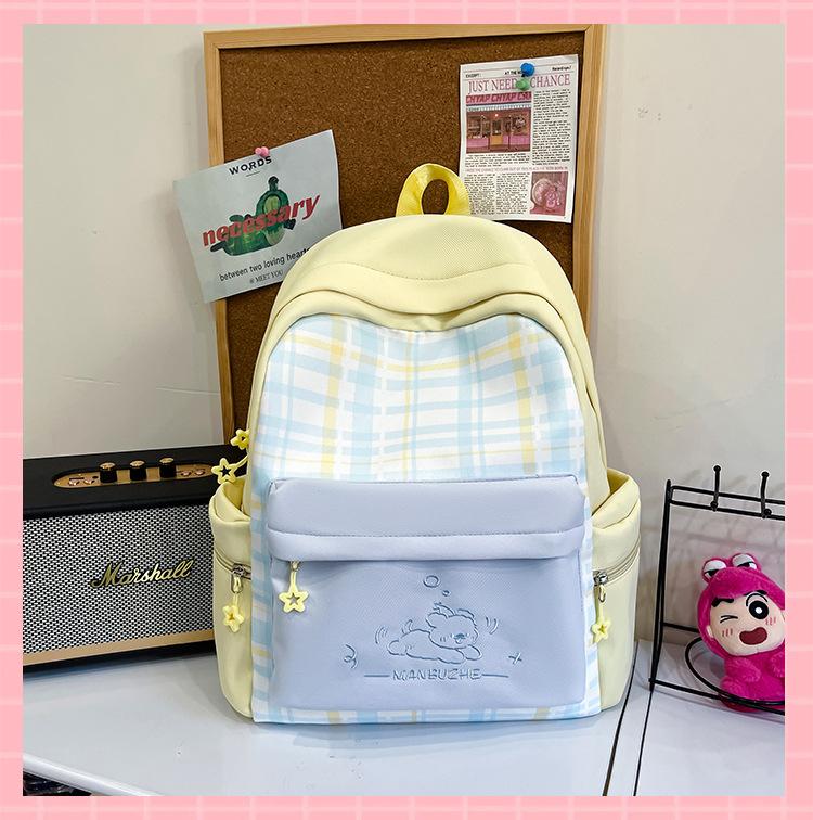 Schoolbag New Japanese plaid schoolbag for women, junior high school students Large capacity, light and wear-resistant cute cartoon backpack