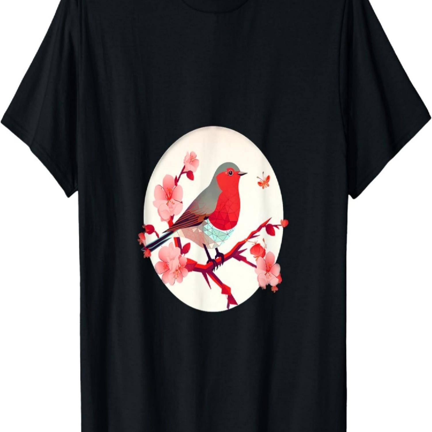 Whimsical Red Robin Cherry Blossom Cartoon Design T-Shirt S