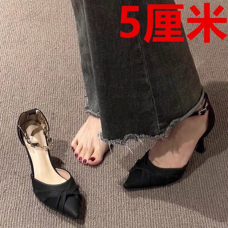 New black high heels women's design sense niche pointed pearl word with single shoes thin heel hollow