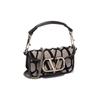 Metallic V-Logo Patchwork Leather Trimmed Women's Tote Shoulder Bag Black Patchwork with Light Brown