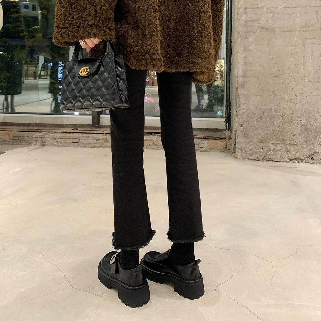 Cowhide version~ Su Yinyin's same round head retro buckle muffin thick sole heightening loafers single shoes women's small leather shoes