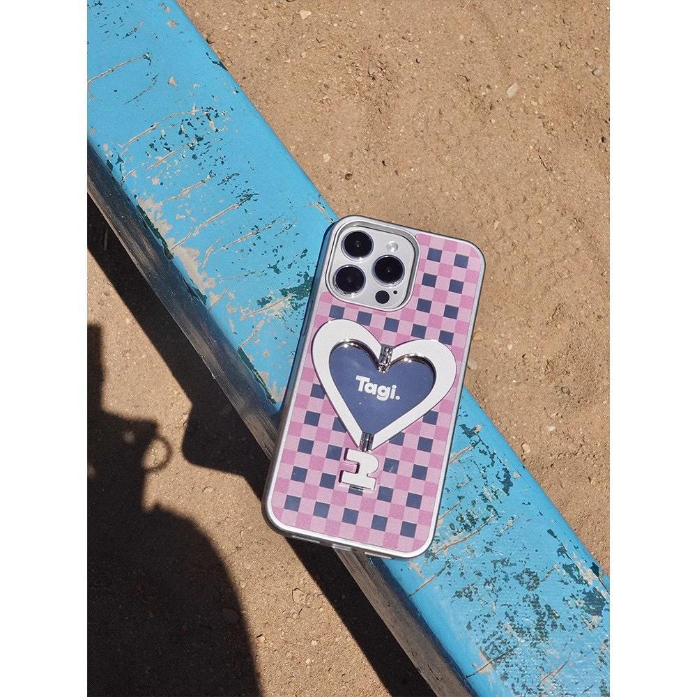 Tags: "Spreading Joy" - Metal Bracket Leather Heart Phone Case for iPhone 16 Pro Max, Anti-Fingerprint.