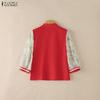 ZANZEA Women Casual Splice 3/4 Sleeve Stand Collar Loose Blouse