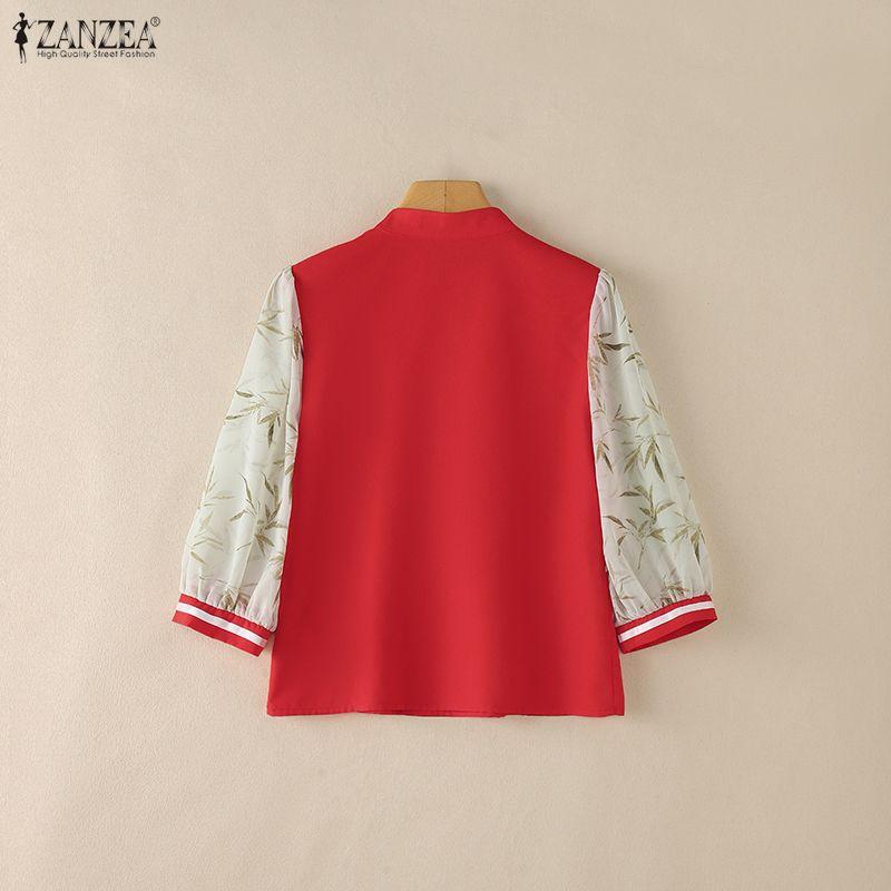 ZANZEA Women Casual Splice 3/4 Sleeve Stand Collar Loose Blouse