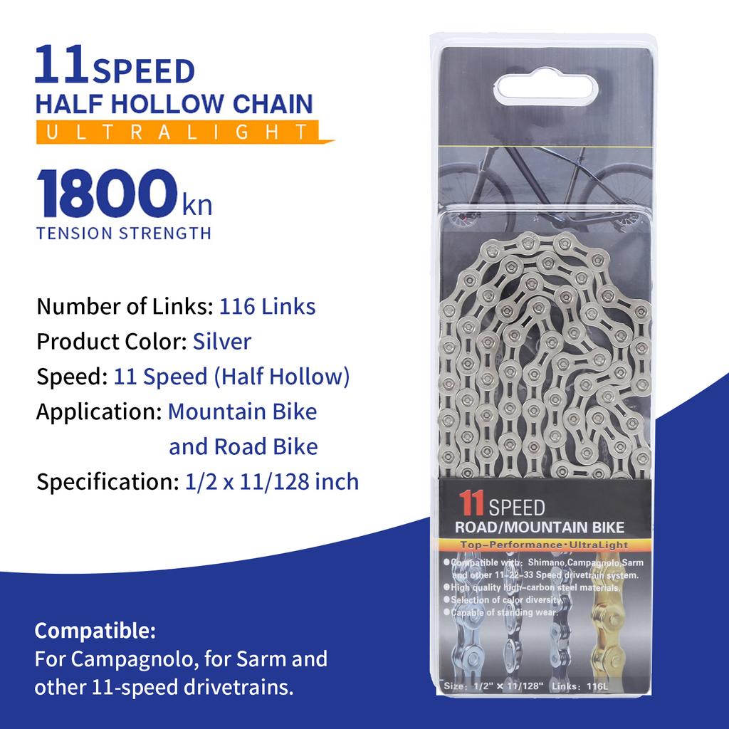 VG Sports 11 Speed Bike Chain Lightweight Half Hollow 1/2x11/128 Inch 116 Links Bicycle Chain for Mountain Bike