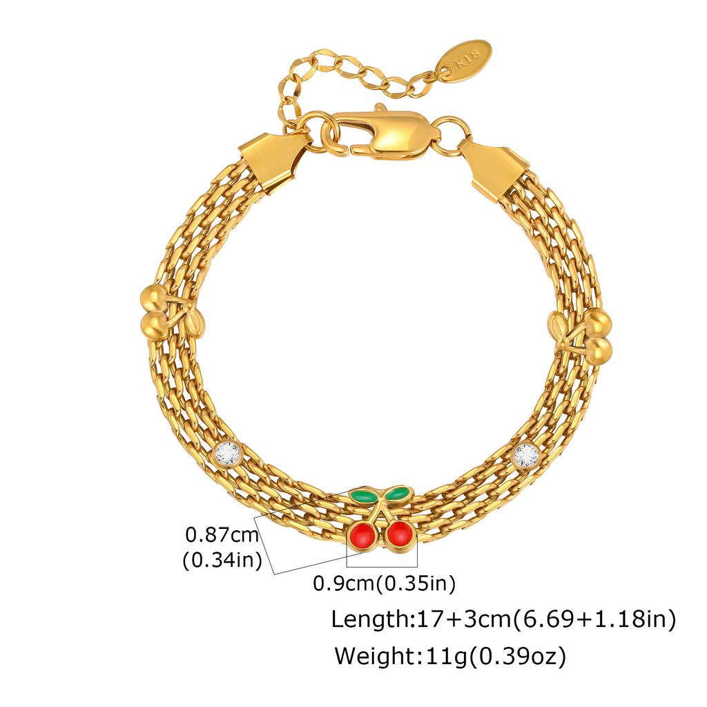 Stainless Steel Mesh Chain Watch Strap Bracelet for Women, Zircon Cherry Charm Wristband Bangle, Waterproof Party Jewelry
