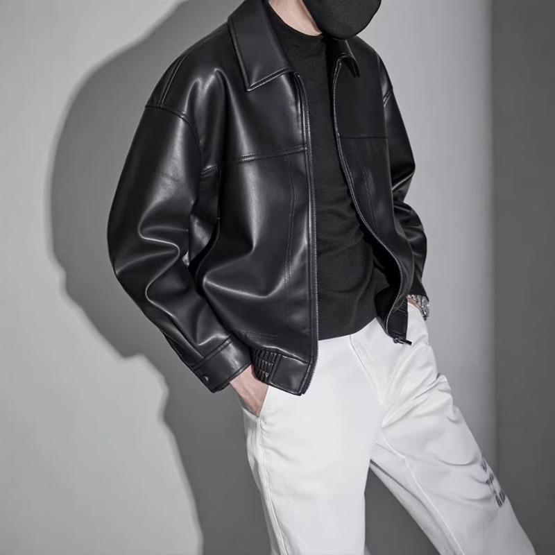 Men S Casual Loose Pu Leather Jacket Turn Down Collar