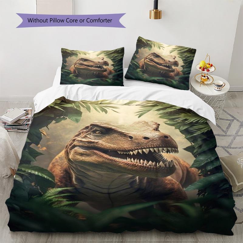 Realistic T‑Rex Dinosaur Jungle Foliage Print 3‑Pieces Duvet Cover Set Fantasy Bedding Without Pillow Core or Comforter