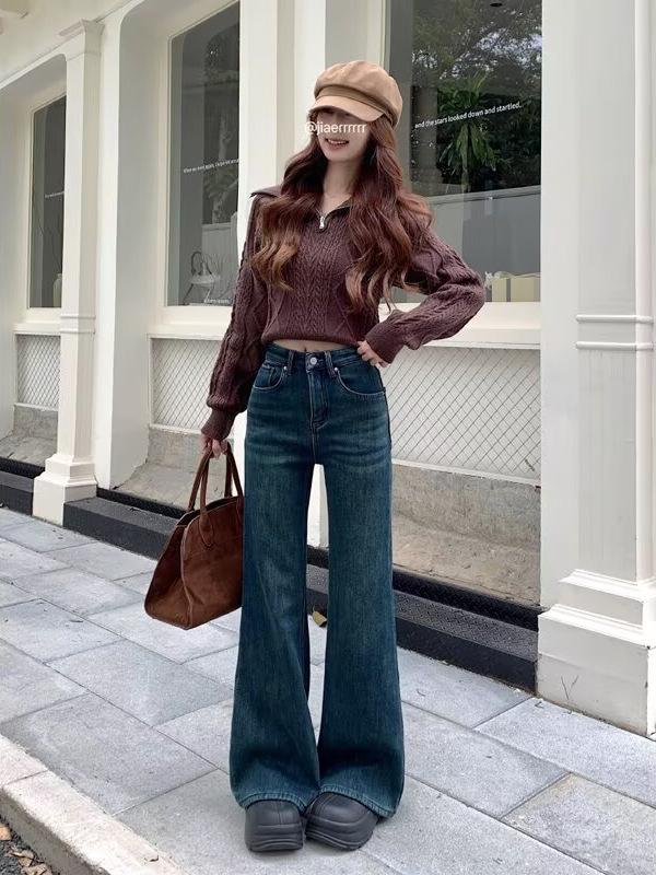 2025 Autumn Plus Size High Waist Stretch Jeans - Loose Fit, Slimming, Narrow Leg, Floor-Length for Women
