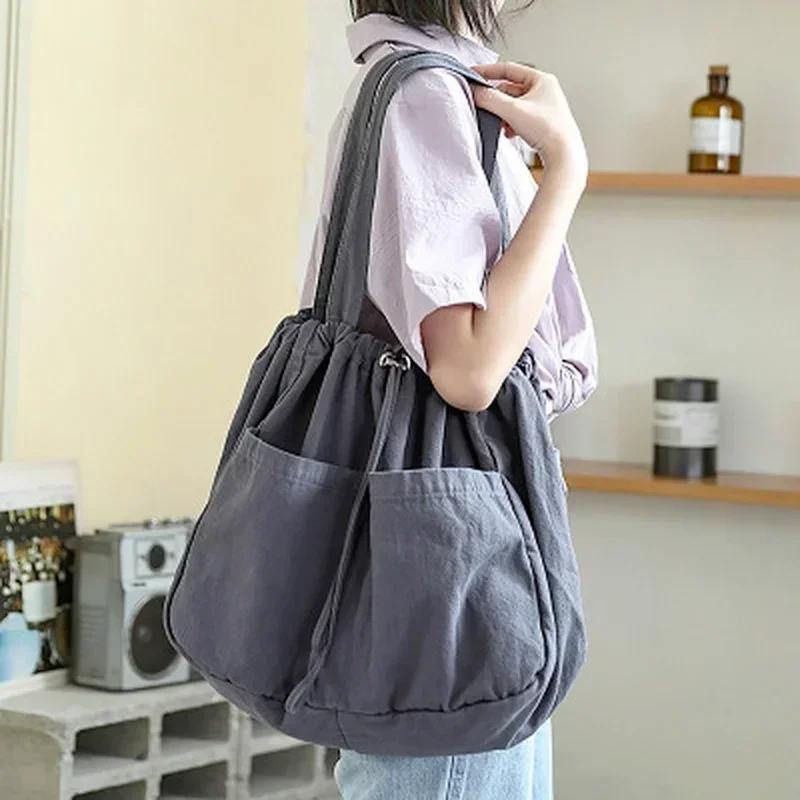 

Korean Version Minimalist Drawstring Buckle Casual Large Capacity Washable Canvas Bag Artistic Shoulder Bag серый