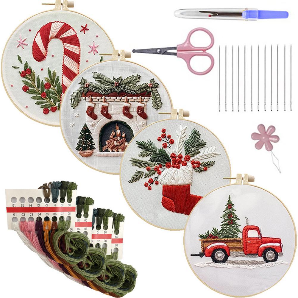 4 Sets Christmas Embroidery Kit Hand DIY Cross Stitch Kits For Beginner Christmas Embroidery Starter Kit With Hoop Needle Thread