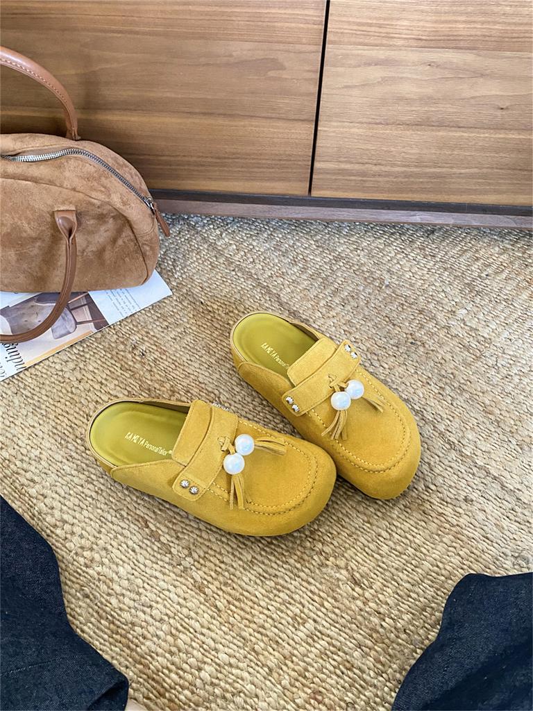 2025 Autumn and Winter New Outer Wear Thick-soled One-pedal Muller Bag Head Half Slippers Women's Fringed Cool Slippers