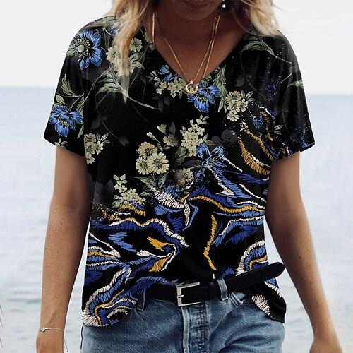 Sommer Graffiti Blume 3D-gedrucktes Kurzarm Damen V-Ausschnitt Buntes Lässiges Vielseitiges T-Shirt