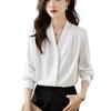 Women V Neck Satin Blouse Long Sleeve Solid Color Office Wear Casual Shirt