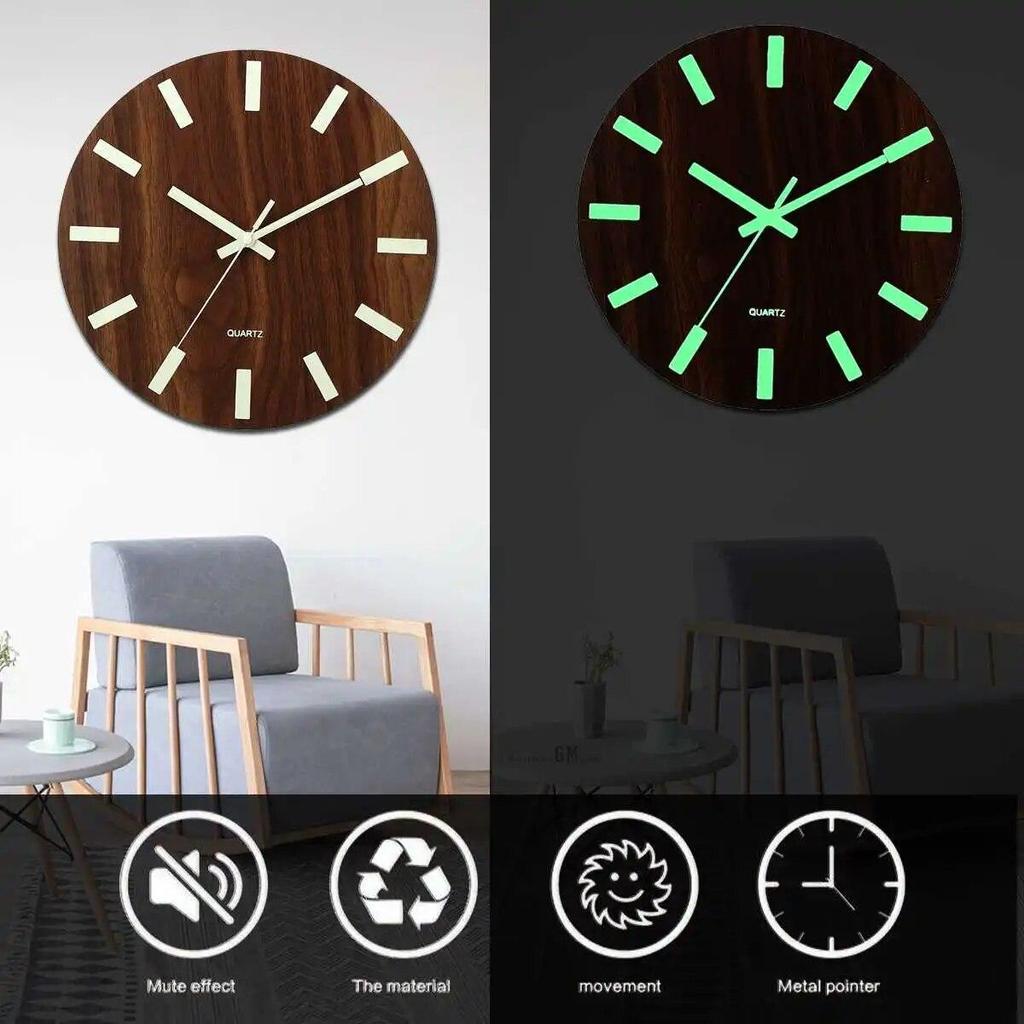 Orologio da parete luminoso Design moderno Orologio da parete 3D silenzioso al quarzo in legno con decorazione fosforescente Orologio da parete da 12 pollici per soggiorno e camera da letto