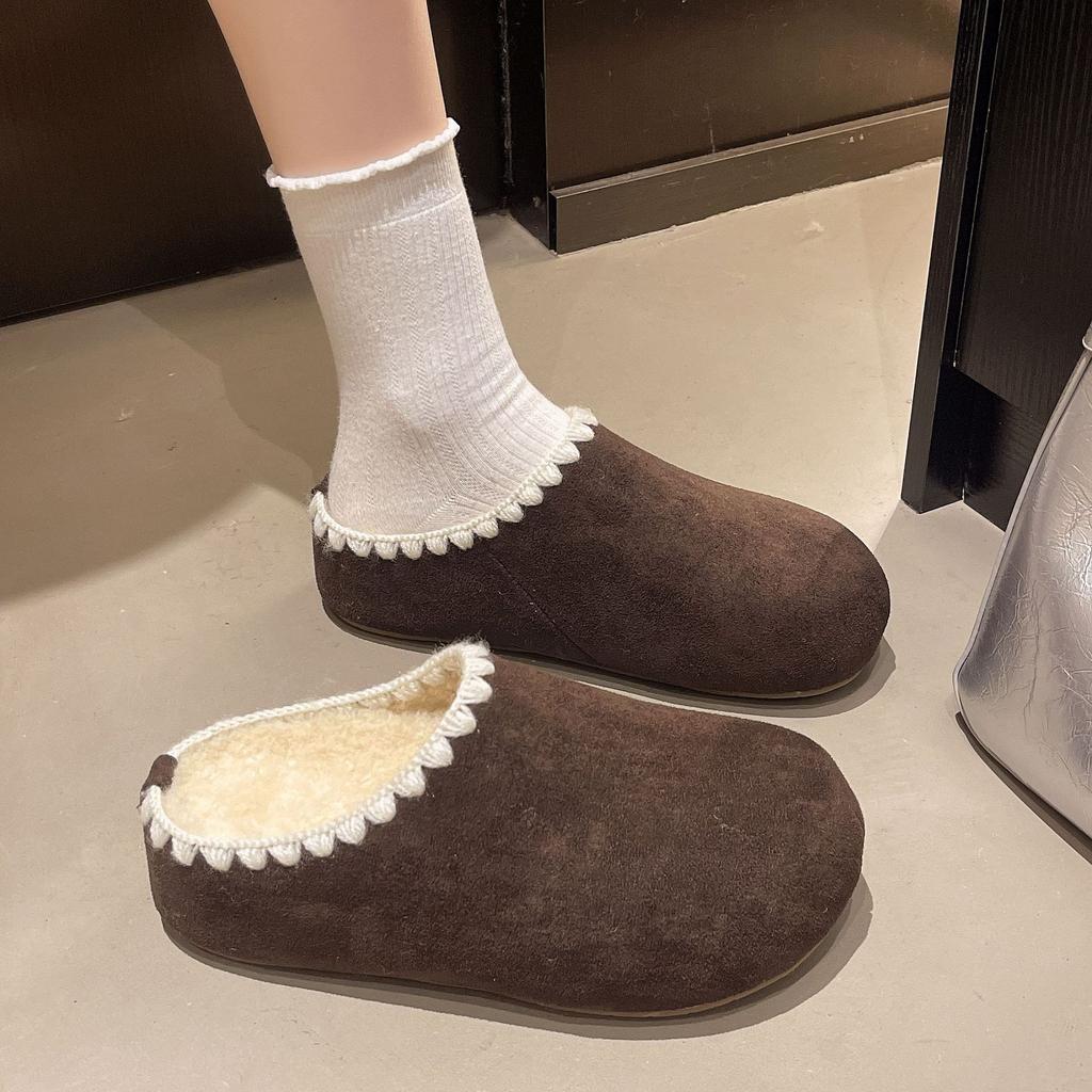 Inner Heightening Bag Head Woven Half Slippers Women 2025 Autumn and Winter Piled Thickened Warm One Pedal Birken Lazy Shoes Women