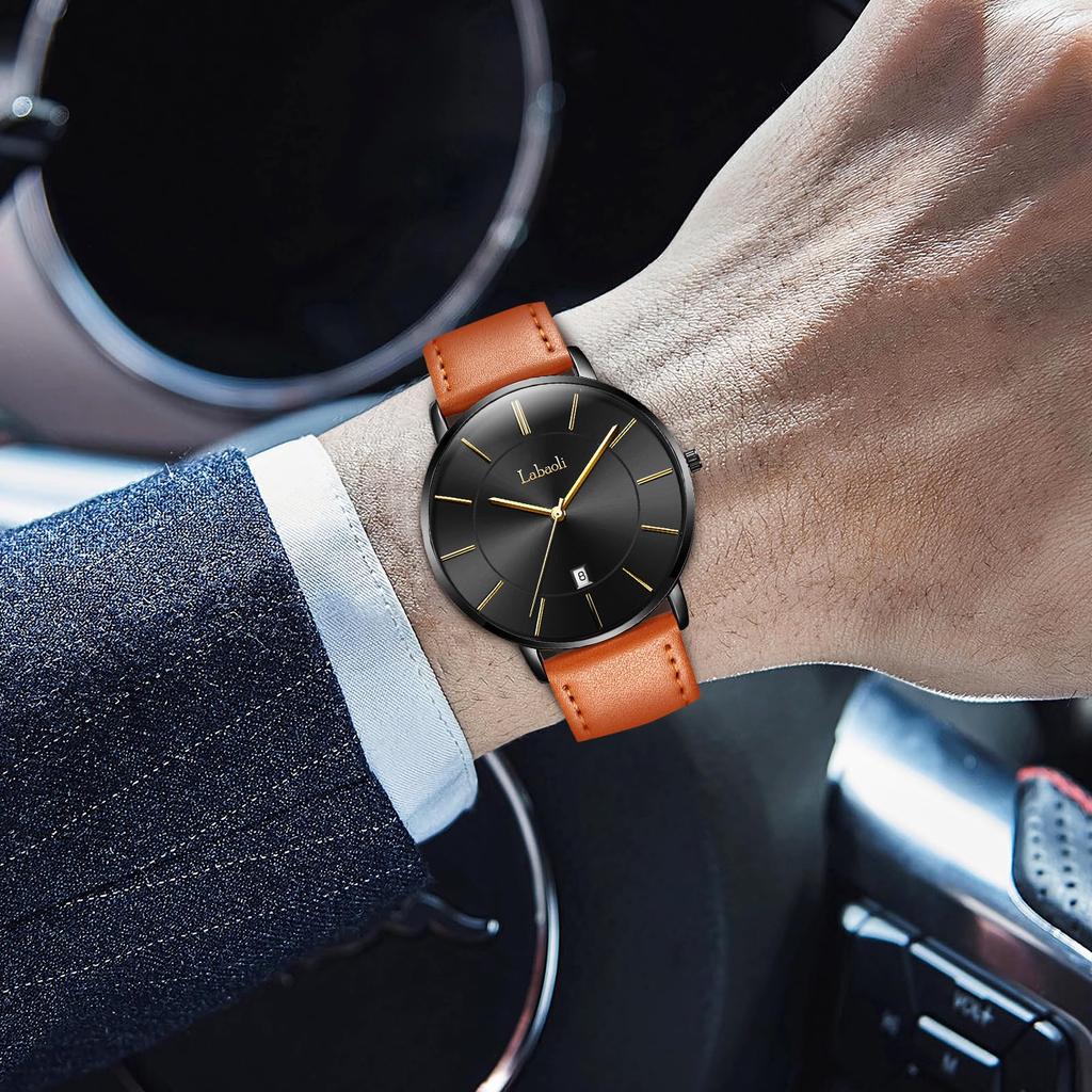Męski Ultracienki Zegarek 6,5 mm, Prosty, Modny, Casualowy, Biznesowy z Japońskim Mechanizmem Kwarcowym, Tarcza 40 mm, Pasek ze Skóry Naturalnej, Unisex