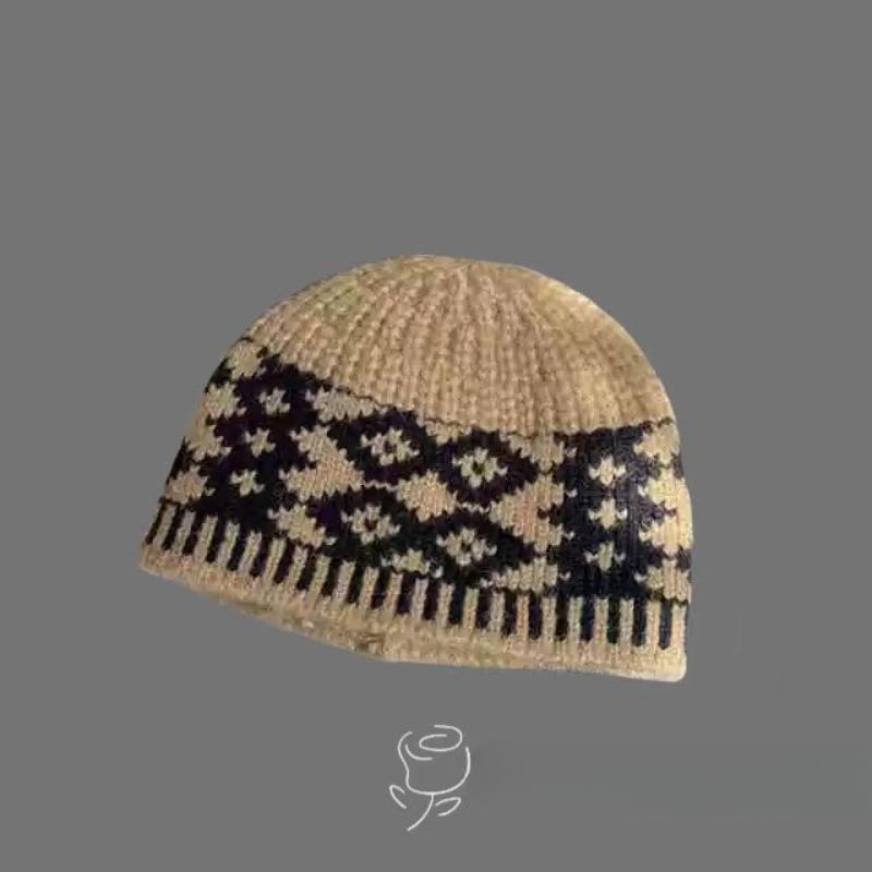 Retro, Diamond Grid Knitted Woolen Hat, Women, Winter, Big Head Circumference, Small Face, Warm and Cold Proof, Hooded Hat, Winter Warm Hat