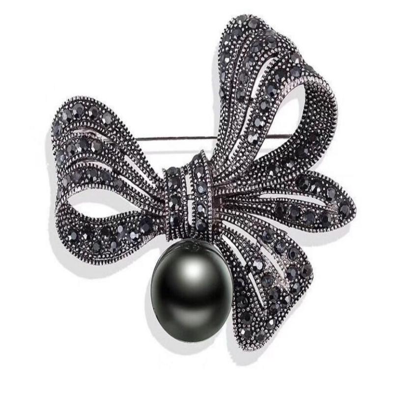 

Black Flower Bow Tie Brooches For Women Vintage Elegant Large Brooch Pin Winter Coat Sweater Broches High Quality