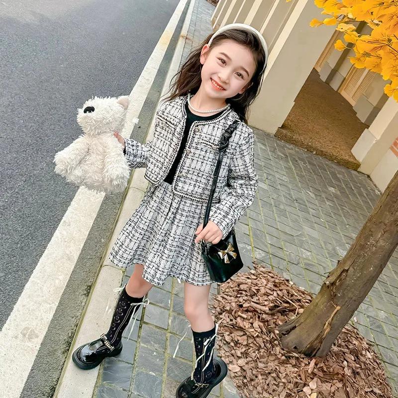 Girls Jacket Short Skirt Set Spring Autumn Children's Long Sleeve Two Piece Clothes