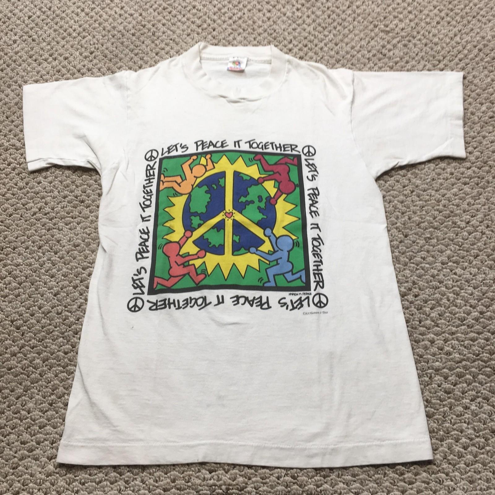 Vintage Keith Haring Mens Small White Peace Earth Graphic Tee Colorful Unisex T-Shirt M
